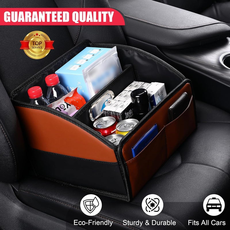 Uplien [2025 UPDATED] Leather Car Seat Organizer, Foldable Storage Box for Front Seat, Back Seats & Floor – Removable Divider, Metal Handle, Adjustable Anti-Slip Strap for Kids & Adults (Black & Brown) - Image 2